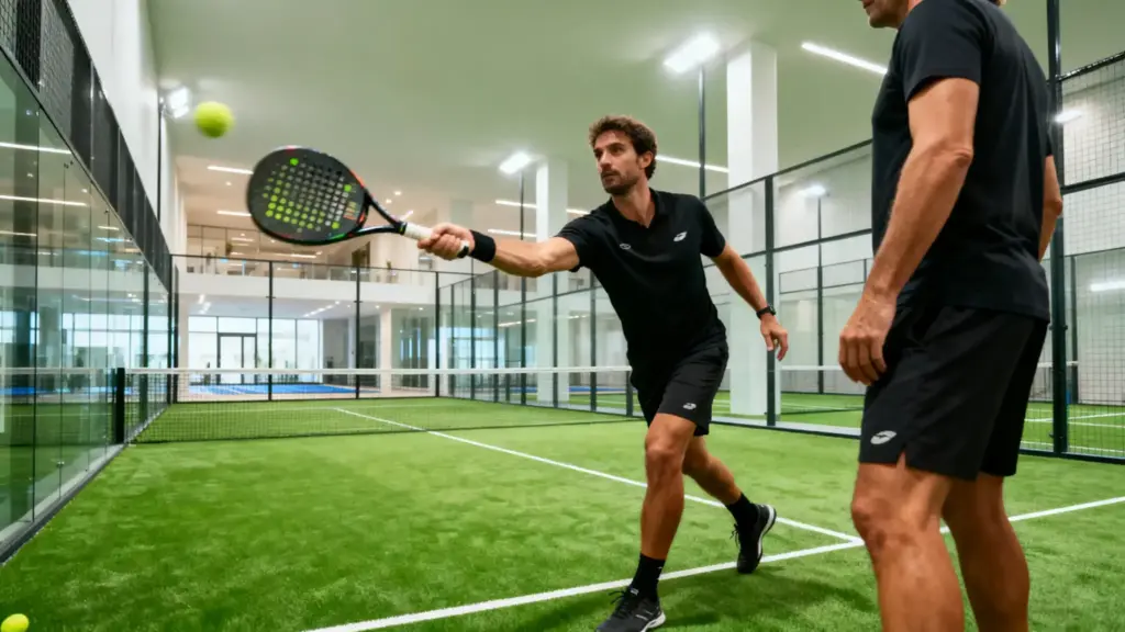 Man playing paddle tennis on an indoor court with glass walls wearing black sportswear