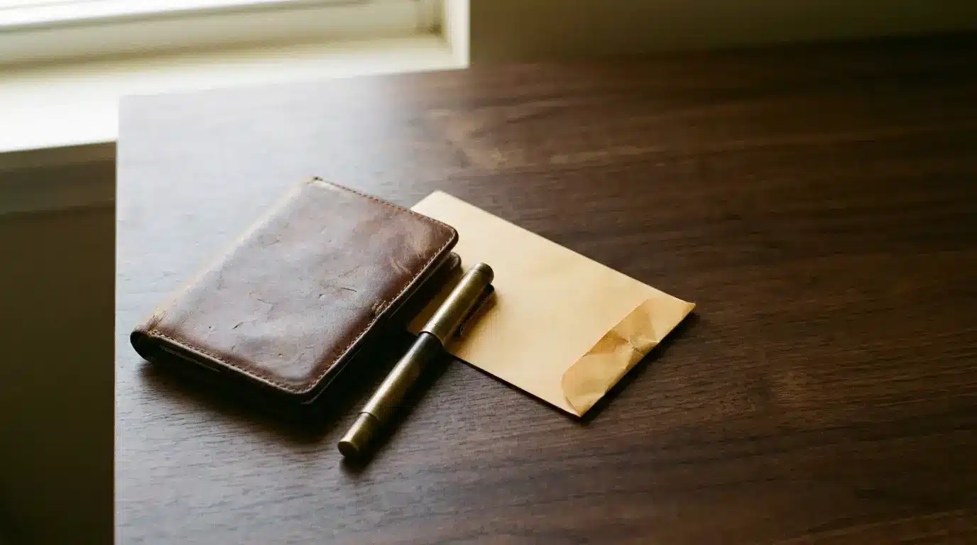 Leather wallet and metallic pen on wooden table with beige envelope nearby