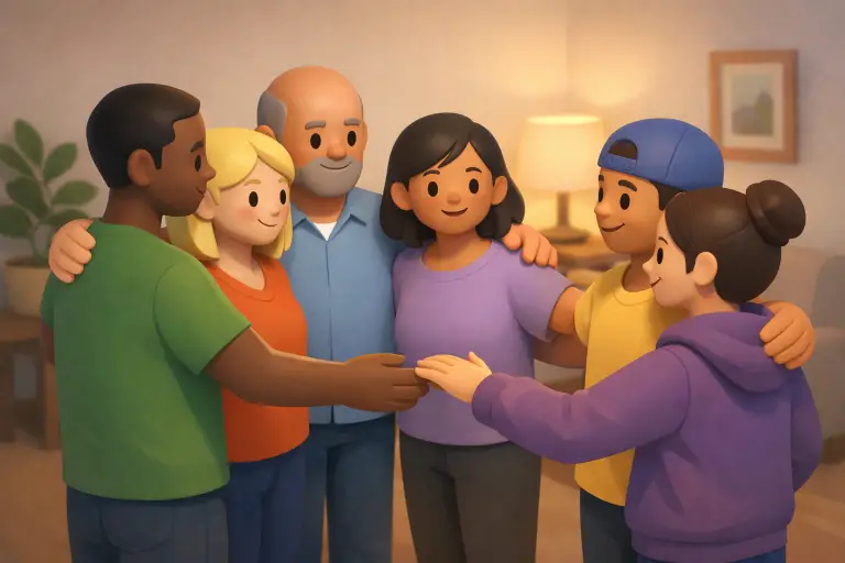 Group of animated characters hugging in cozy living room with warm lighting