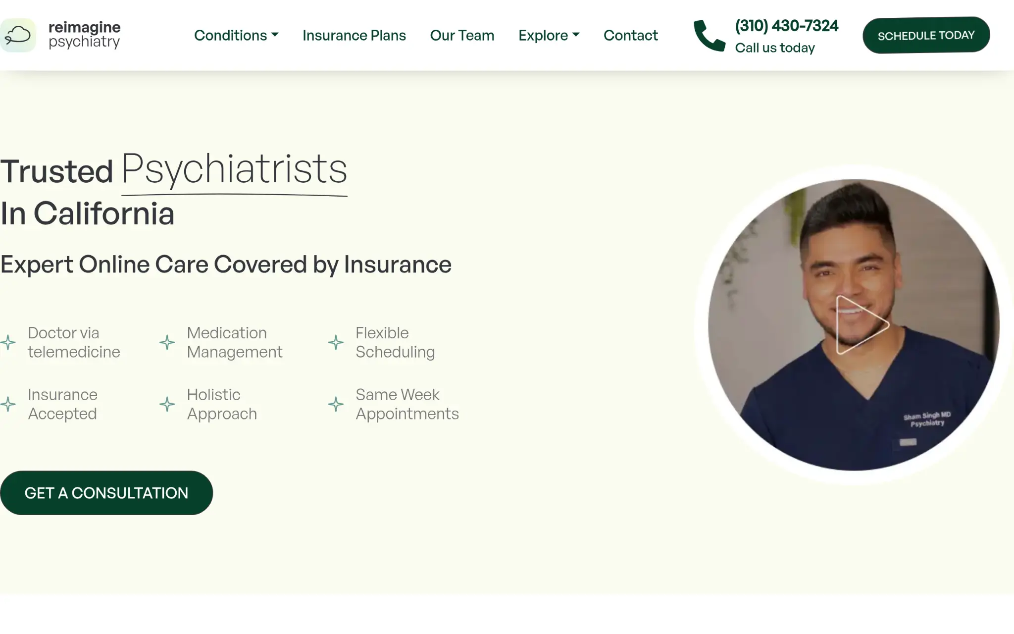 Psychiatrist in navy scrubs on video call appointment interface with consultation button