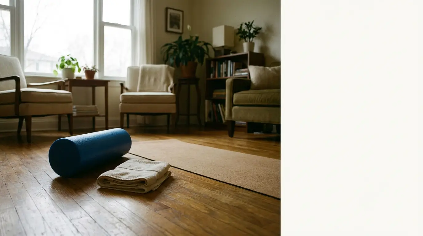 Foam roller and folded towel on yoga mat in cozy living room setting