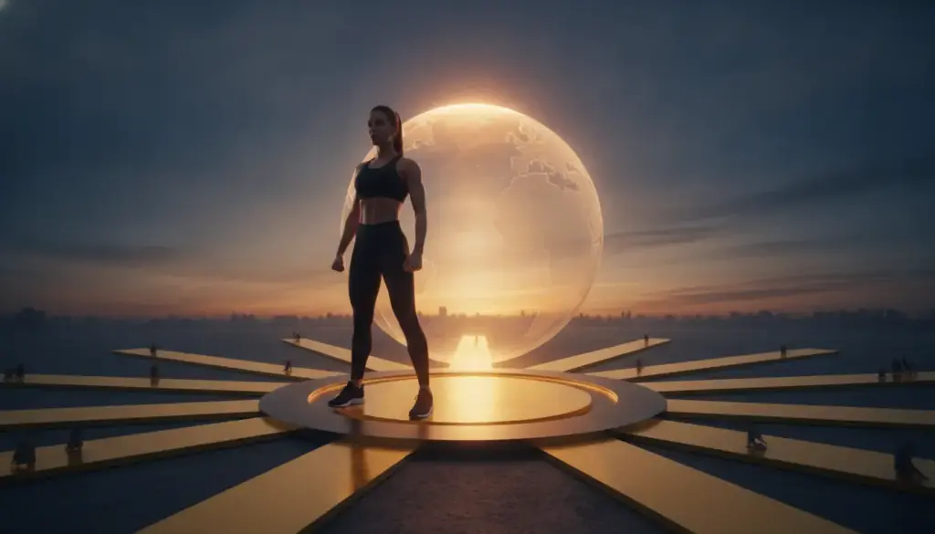 Athlete standing confidently on circular platform with glowing globe backdrop, at sunrise in urban setting