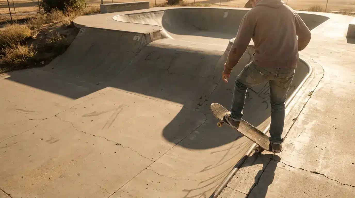 Skateboarder performing trick in outdoor skate park under warm sunlight