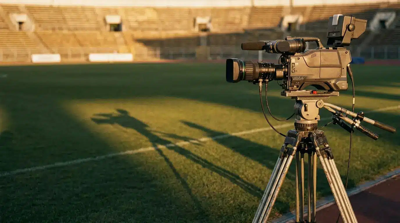 Broadcast camera on tripod facing empty sports stadium under early evening light