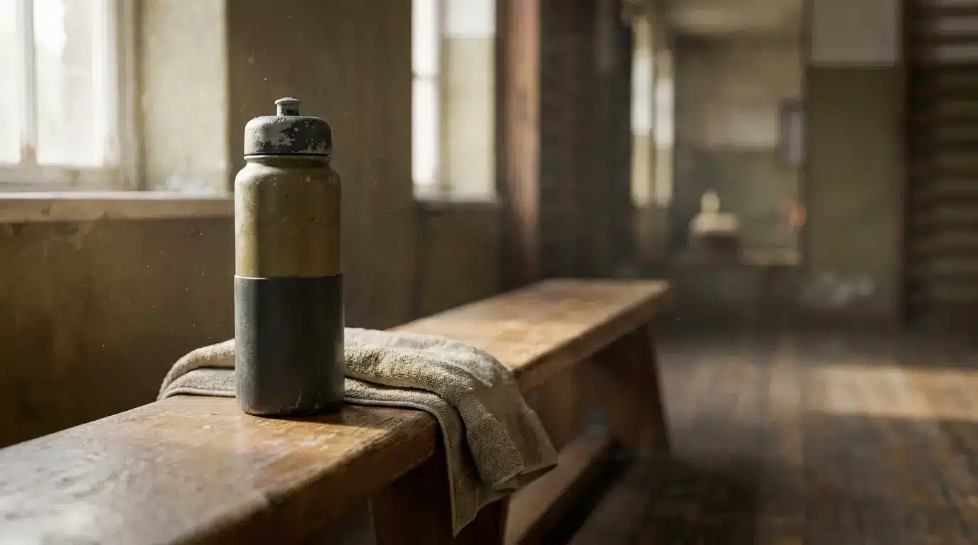 Old water bottle on wooden bench in dimly lit vintage gym setting