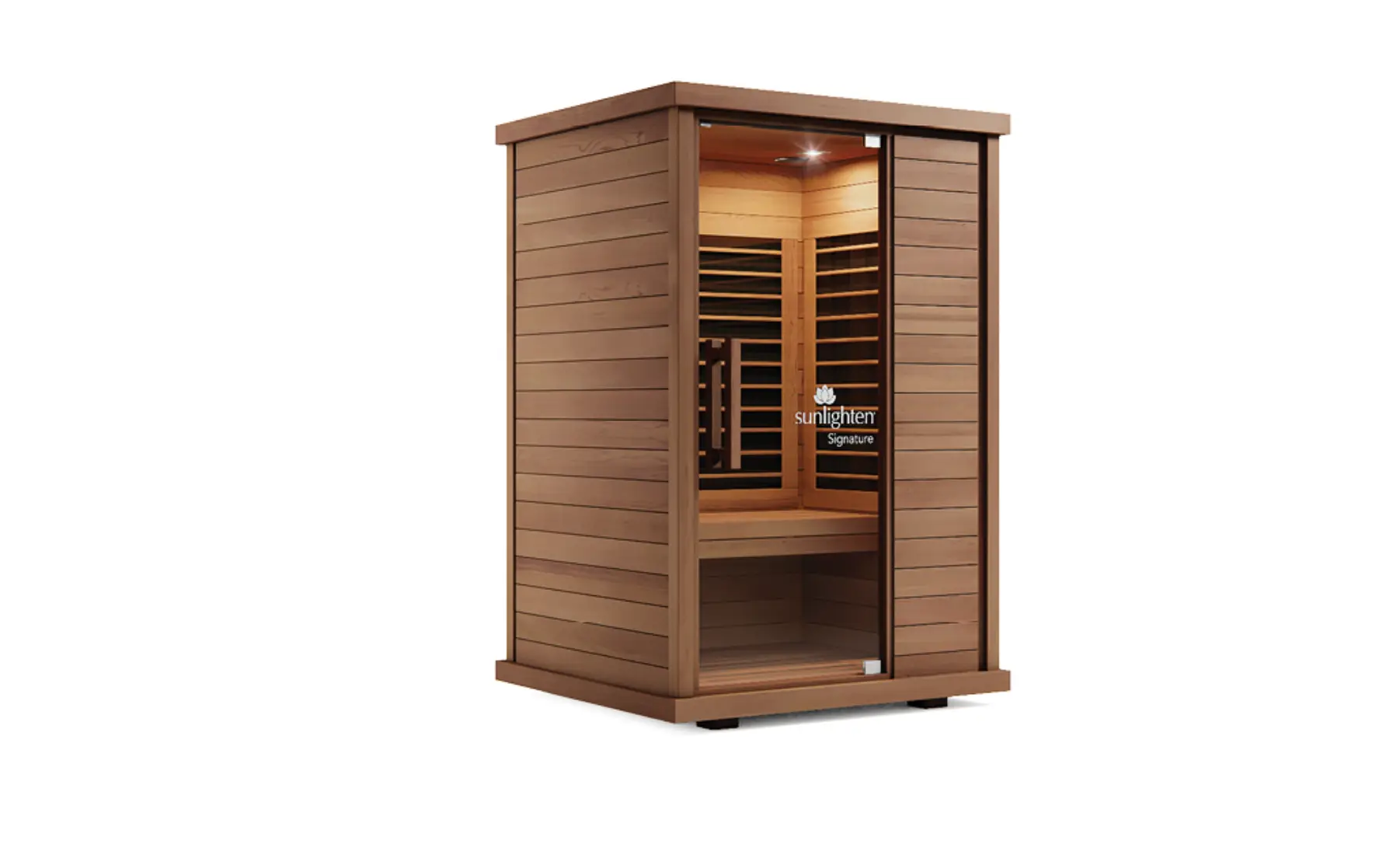Wooden infrared sauna cabin with glass door and interior seating in bright studio lighting