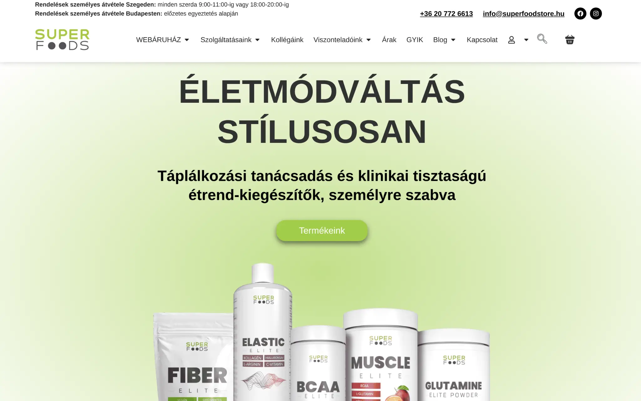 Supplement products including fiber, elastic, and muscle powder against a light green background