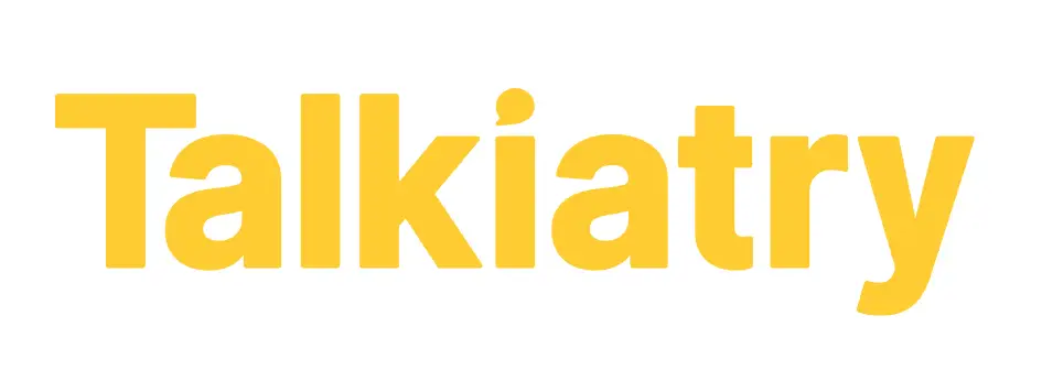 Bold yellow letters spelling "Talkiatry" on a white background
