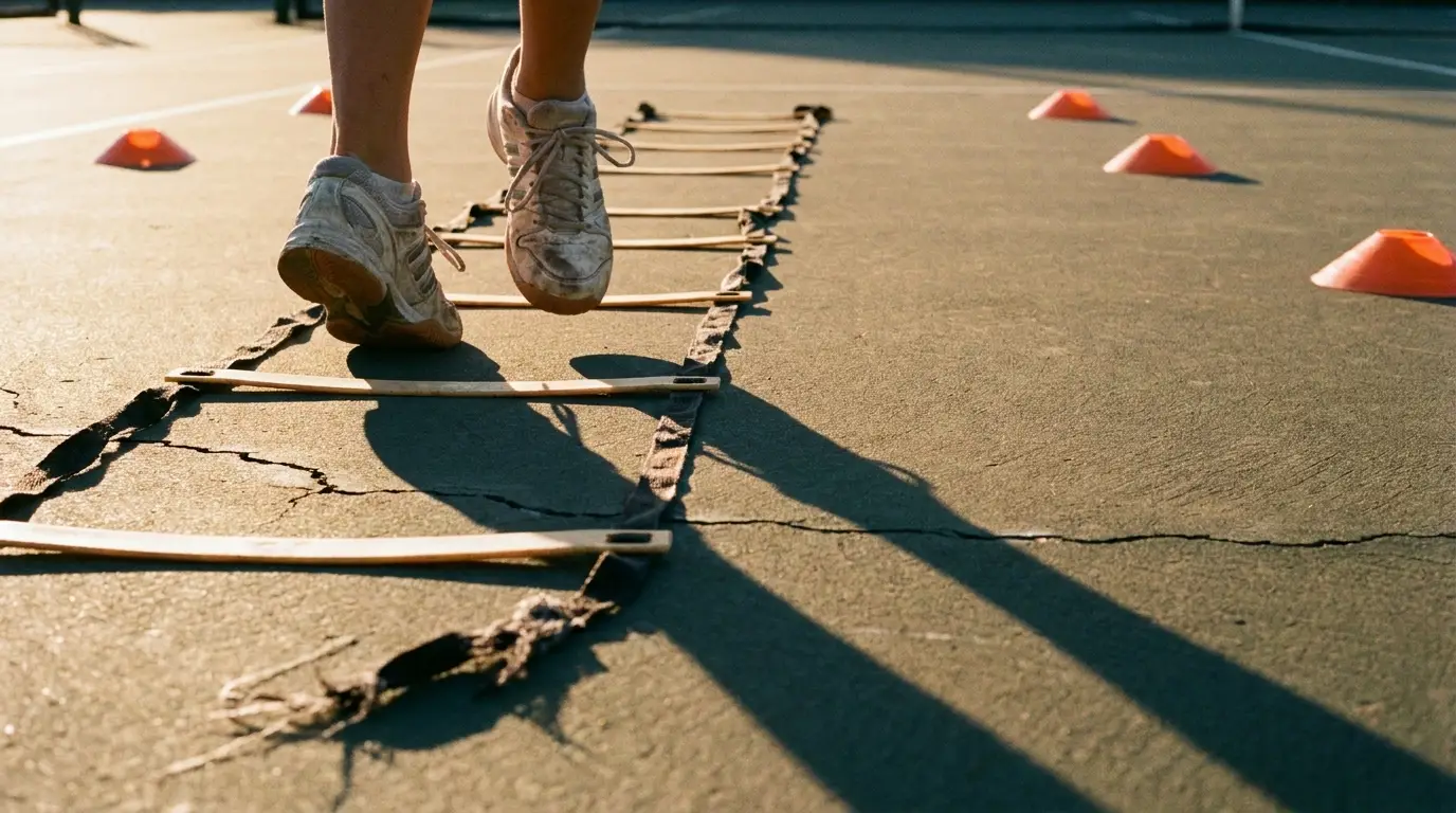 Feet stepping through agility ladder on outdoor sports court with orange cones in background