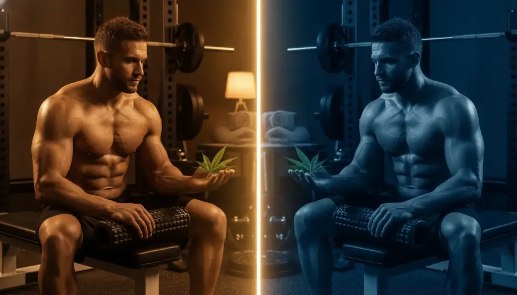 Bodybuilder holding cannabis leaf seated on gym bench in split warm and cool lighting