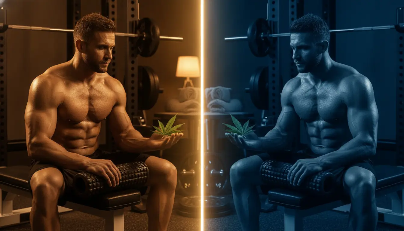 Bodybuilder holding cannabis leaf seated on gym bench in split warm and cool lighting
