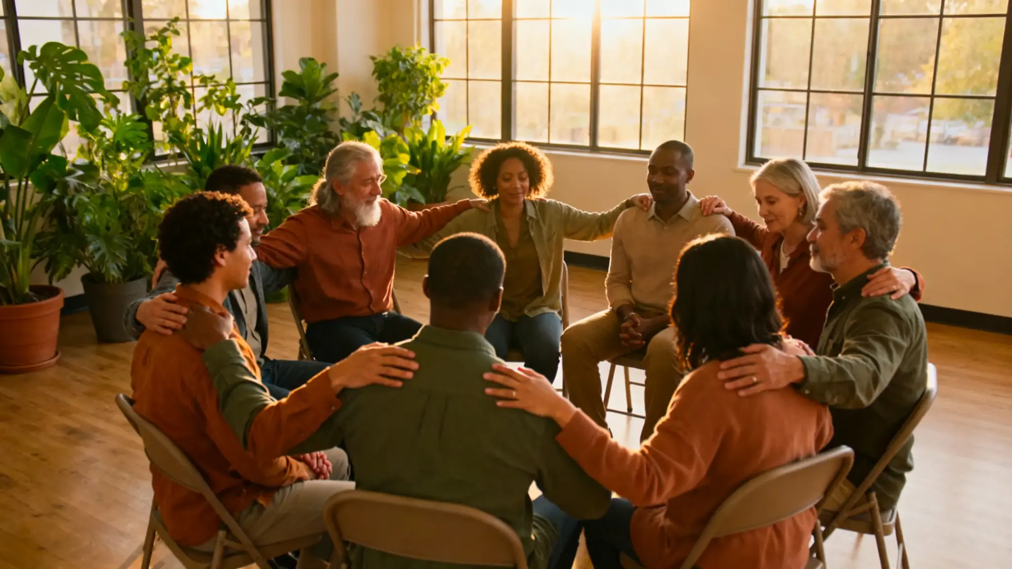 Group of diverse people sitting in circle with arms around each other in sunlit room