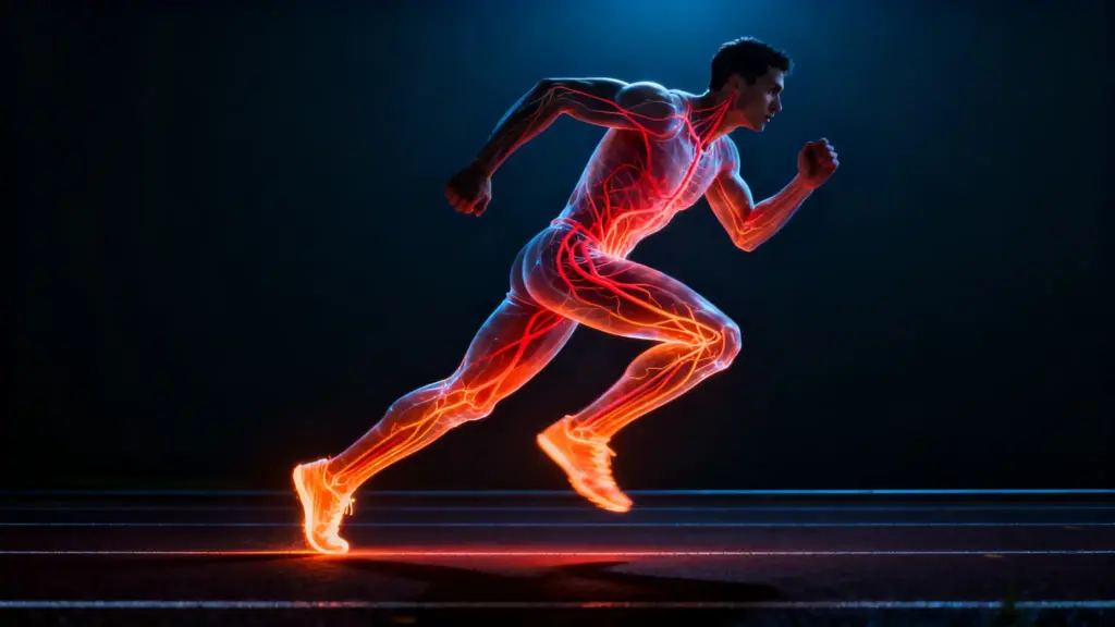 Man running with visible glowing anatomical structure against dark background