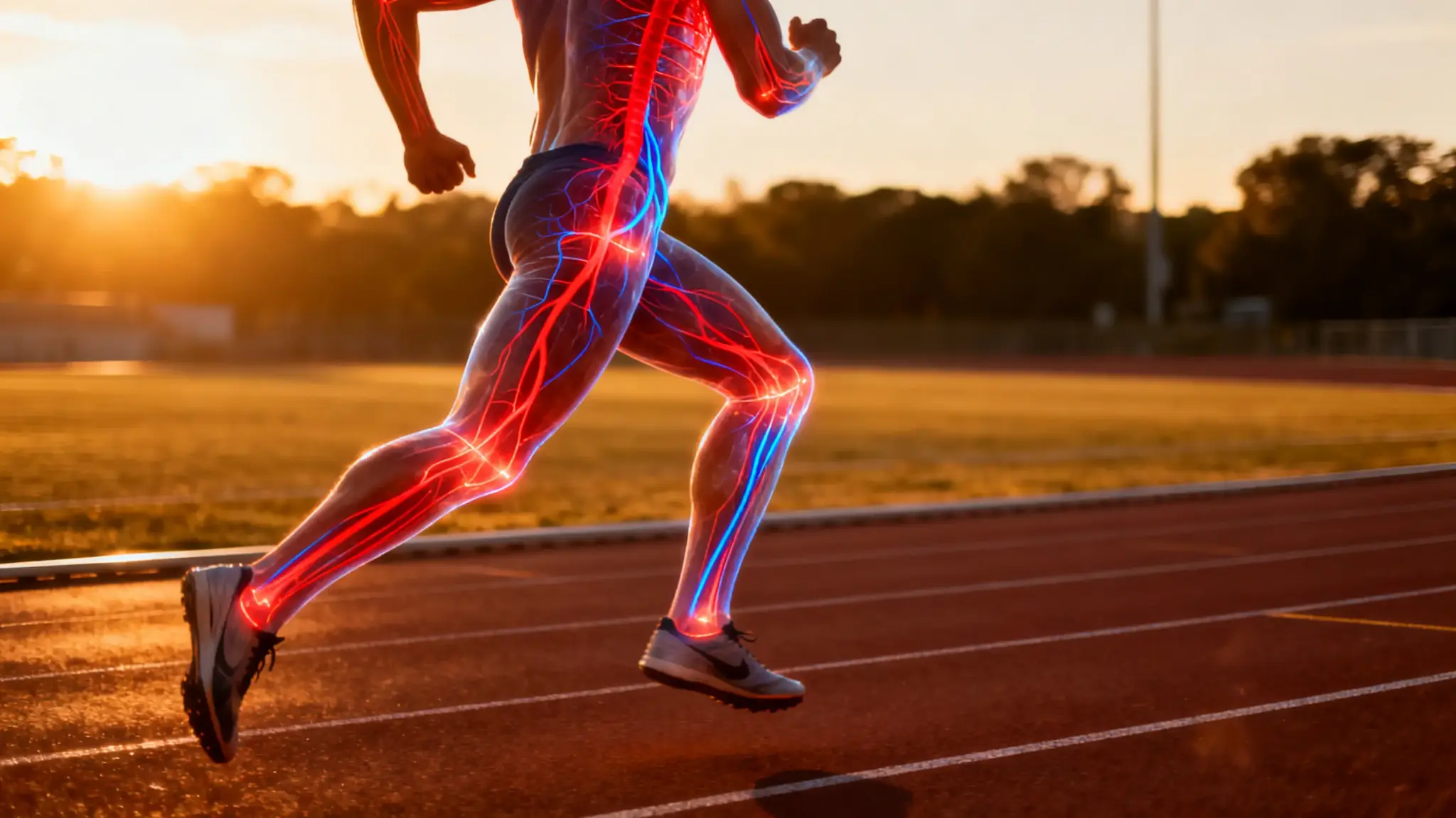 Runner with highlighted circulatory system on track during sunset in outdoor stadium