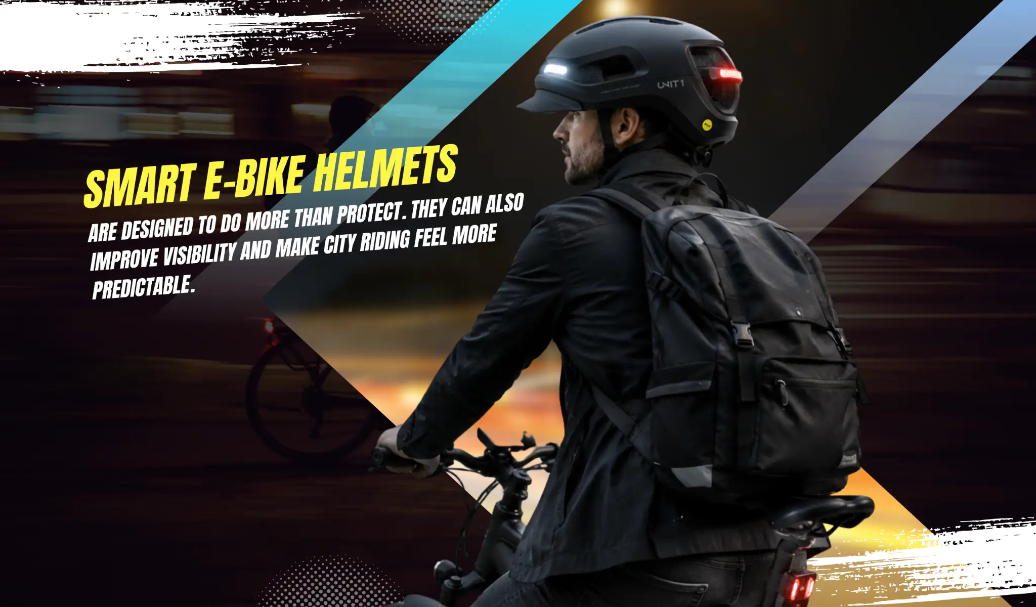 Cyclist wearing smart helmet with integrated light riding in urban setting