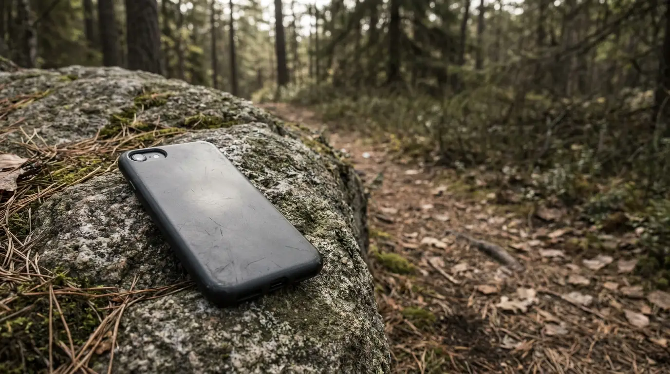 Smartphone with black case resting on mossy rock in forest setting