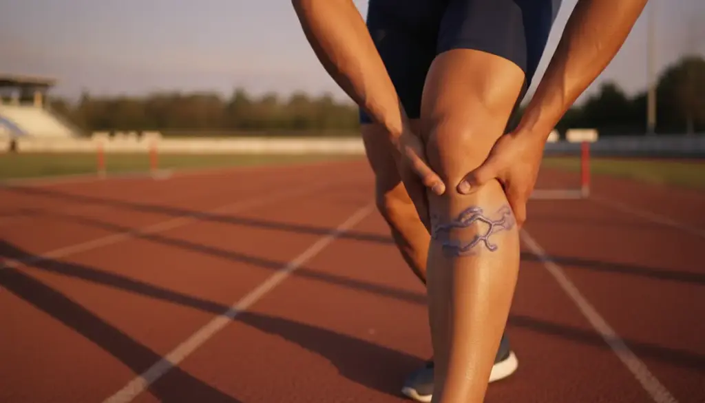 Athlete clutching leg with muscle diagram on track field in warm sunlight.