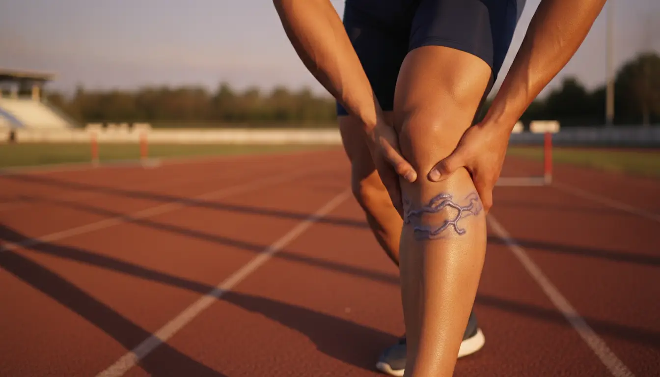 Athlete clutching leg with muscle diagram on track field in warm sunlight.