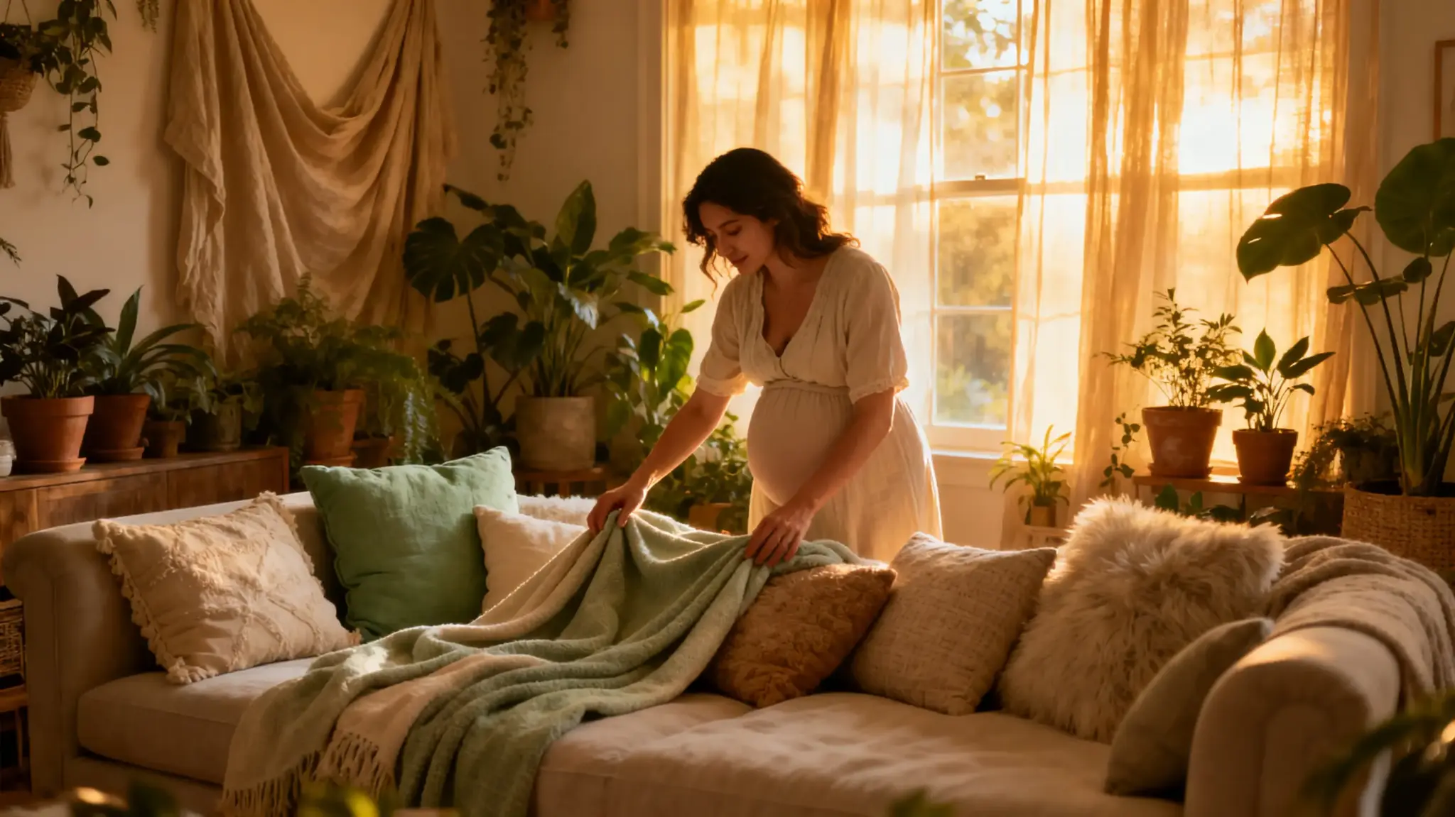 Pregnant woman arranging blanket on cozy sofa in plant-filled living room with warm sunlight