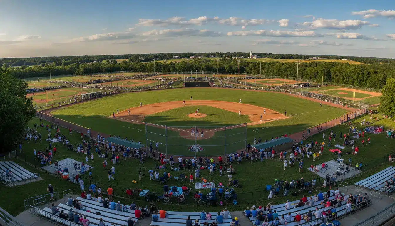 Baseball game in progress with spectators in outdoor stadium under clear sky