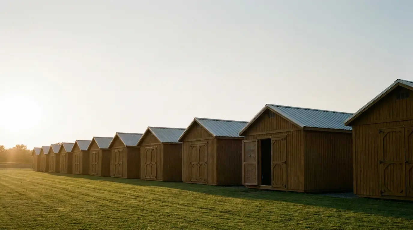 Row of wooden sheds with metal roofs on grassy field at sunset