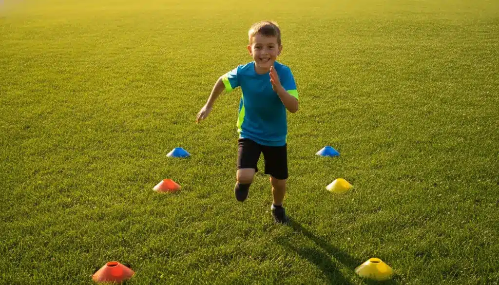Young boy running between colorful cones on grassy field in bright sunlight