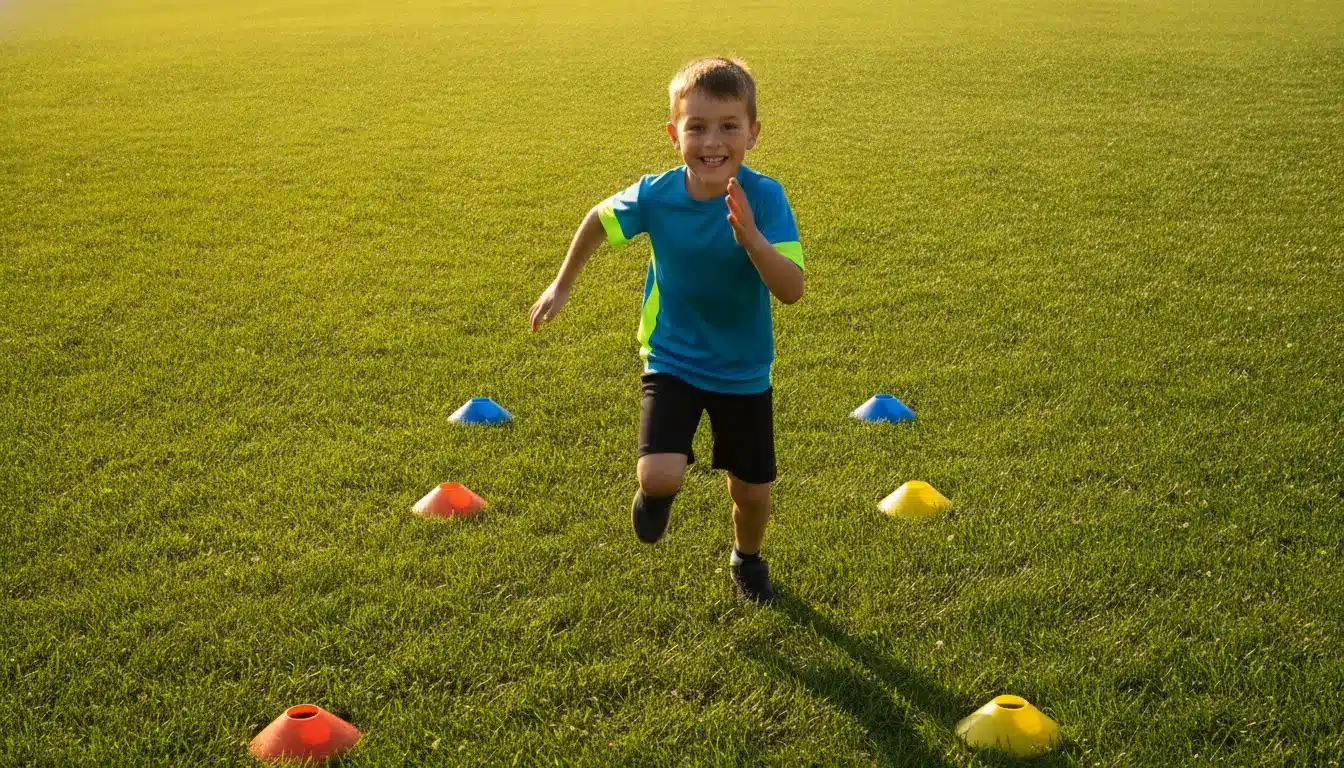 Young boy running between colorful cones on grassy field in bright sunlight