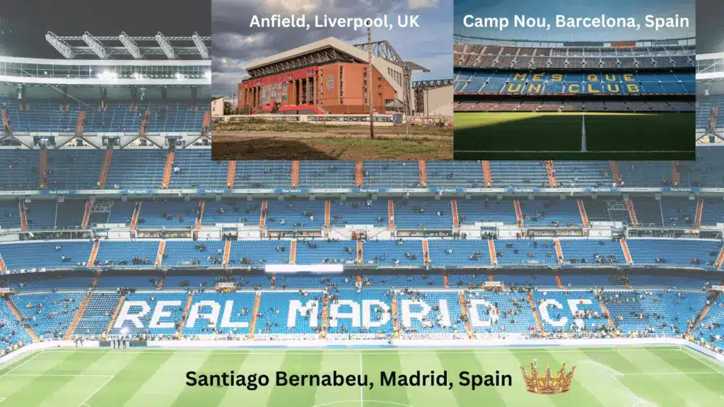 Real Madrid stadium interior with empty blue seats and partially occupied stands