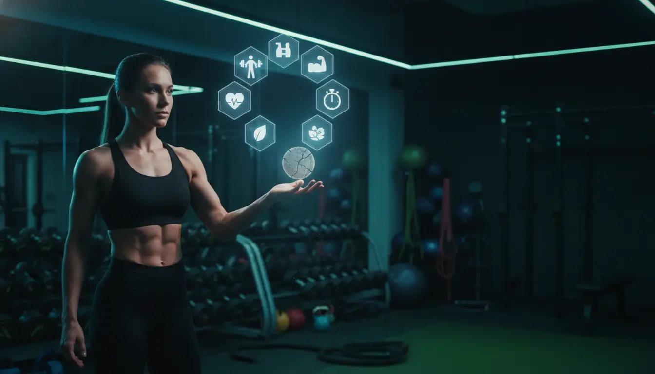 Athletic woman in gym wearing sportswear with floating digital fitness icons around her hand