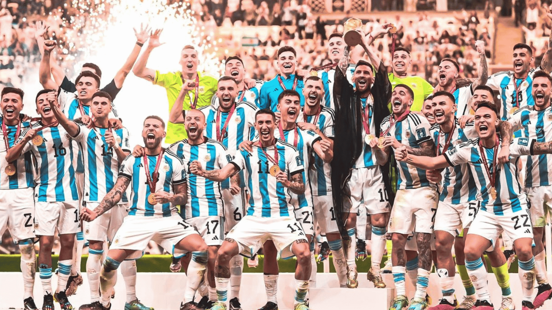 argentina football team celebrates with medals trophy and confetti after winning world cup