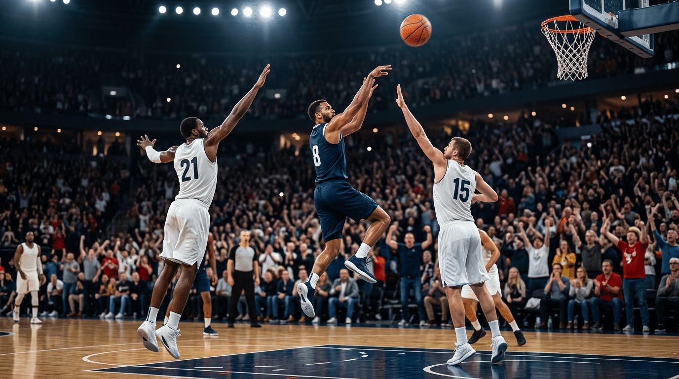 basketball player in blue jersey taking a jump shot over two defenders during a packed arena game with cheering fans behind