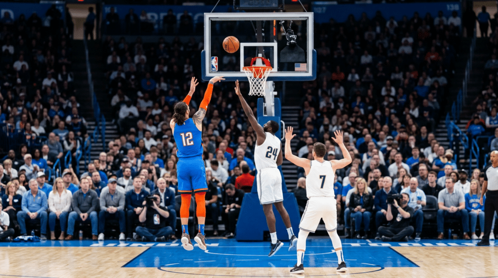 basketball player in blue jersey taking a jump shot over two defenders with the ball near the hoop and a packed crowd watching the game