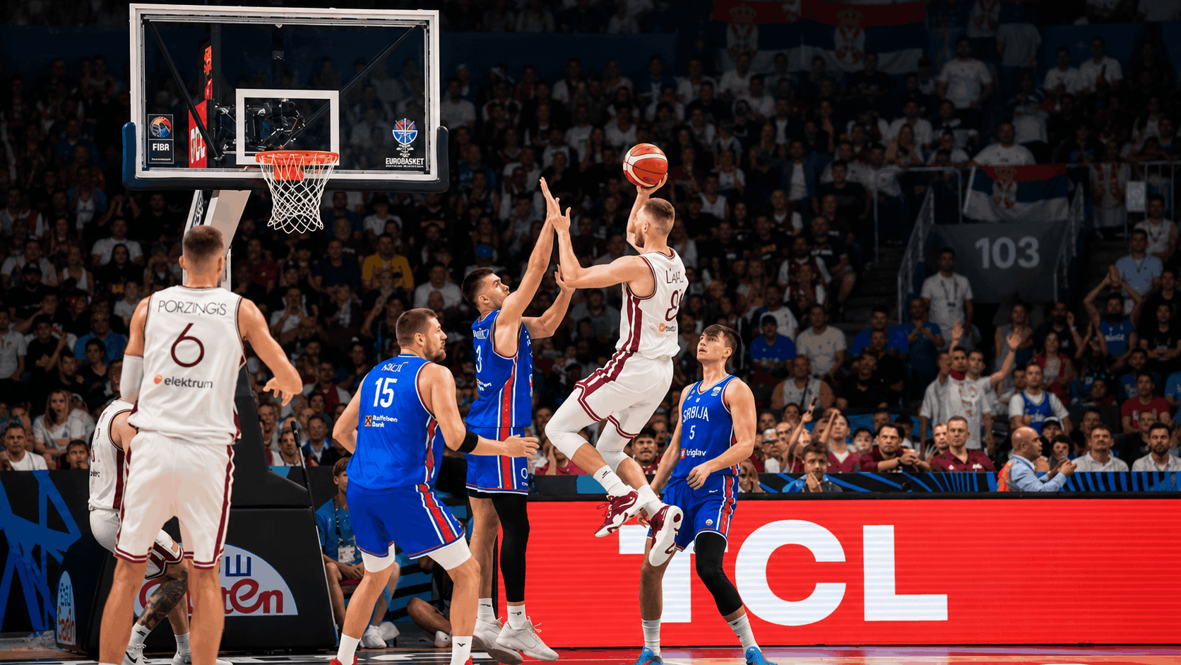 basketball player in white jersey attempting a jump shot over blue jersey defenders during a packed arena game with cheering fans in the background