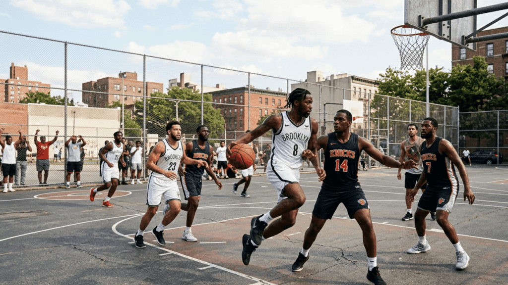 basketball players compete on an outdoor court as one player drives toward the hoop while spectators cheer behind fence