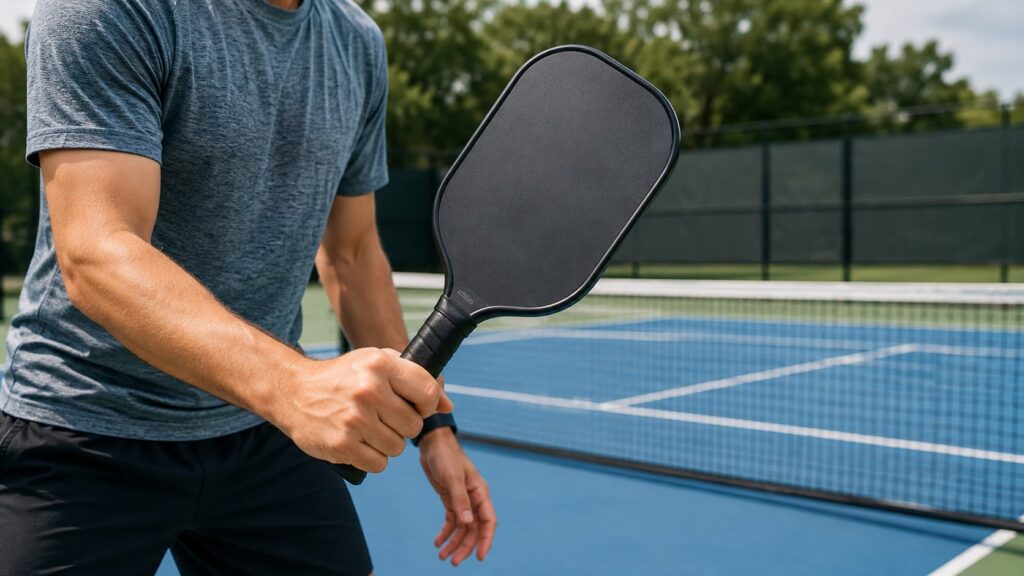beginner holding a pickleball paddle with the correct Continental grip on an outdoor court