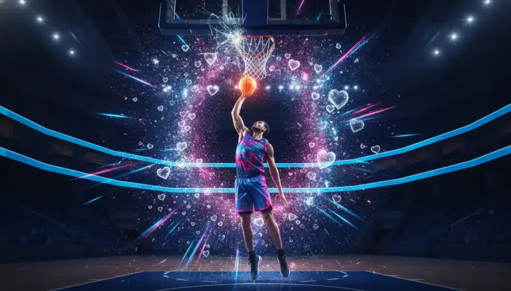 Basketball player dunking in neon-lit arena with colorful light effects and heart shapes