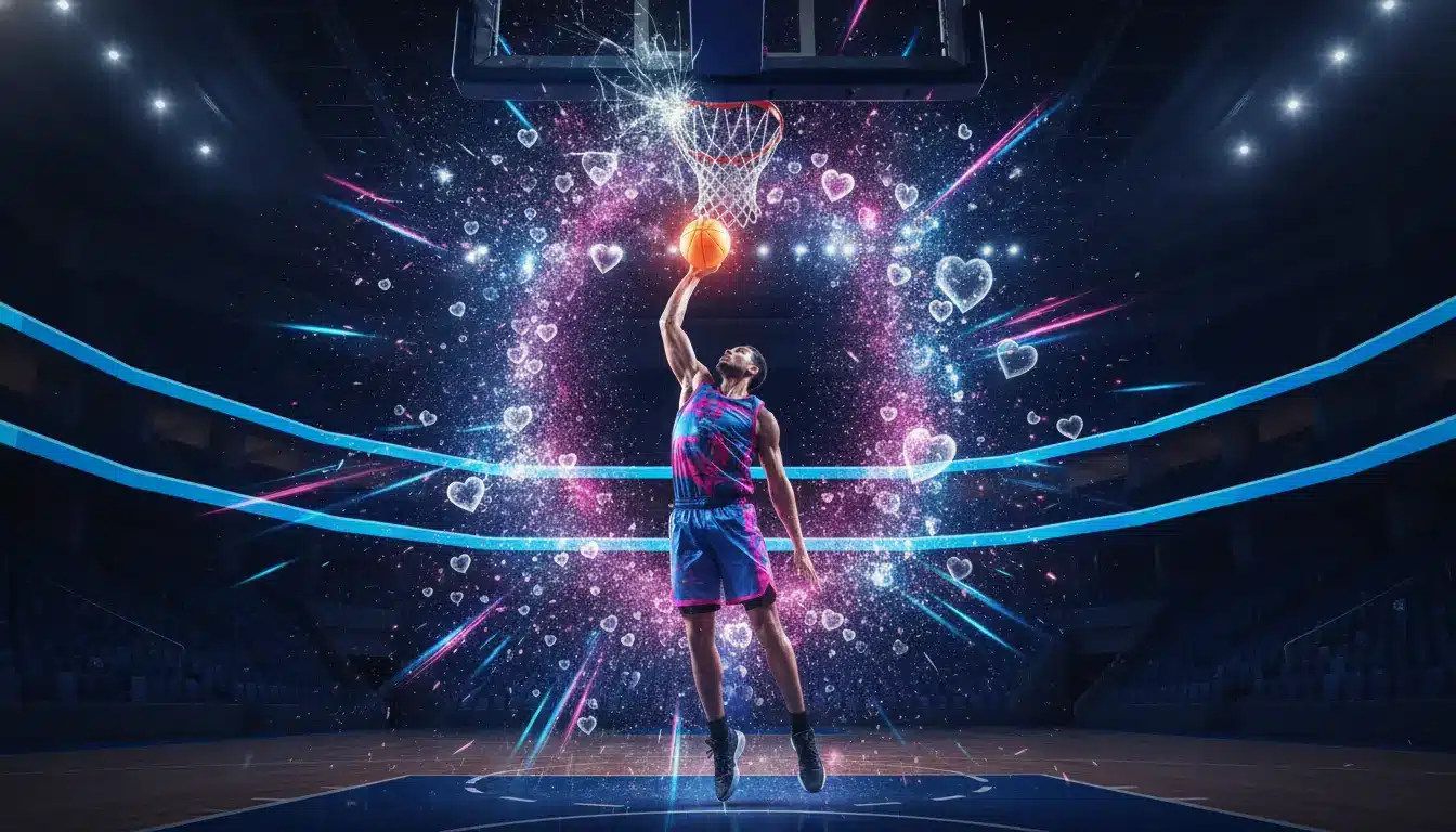 Basketball player dunking in neon-lit arena with colorful light effects and heart shapes