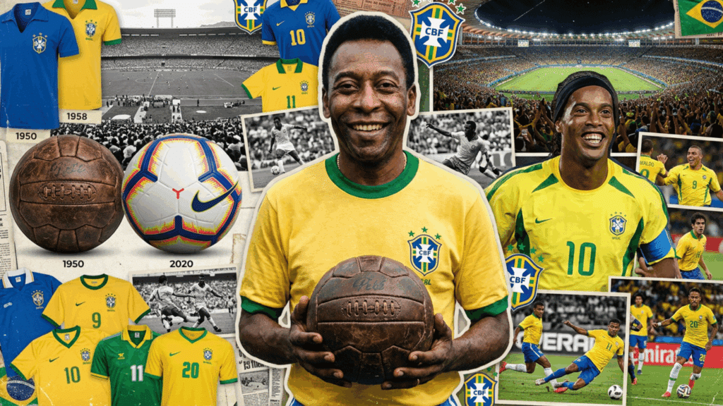 Brazil football history collage with Pelé and World Cup moments