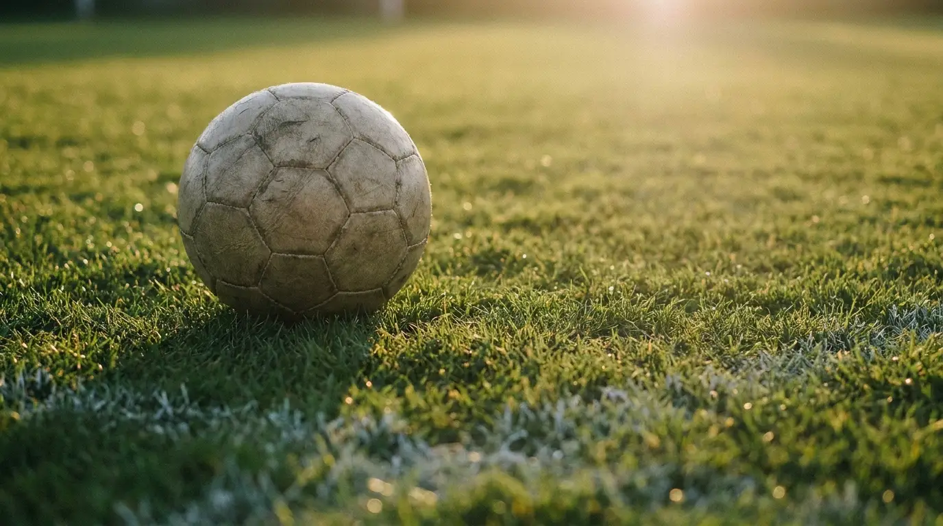 Soccer ball resting on lush green grass in sunlight on outdoor field