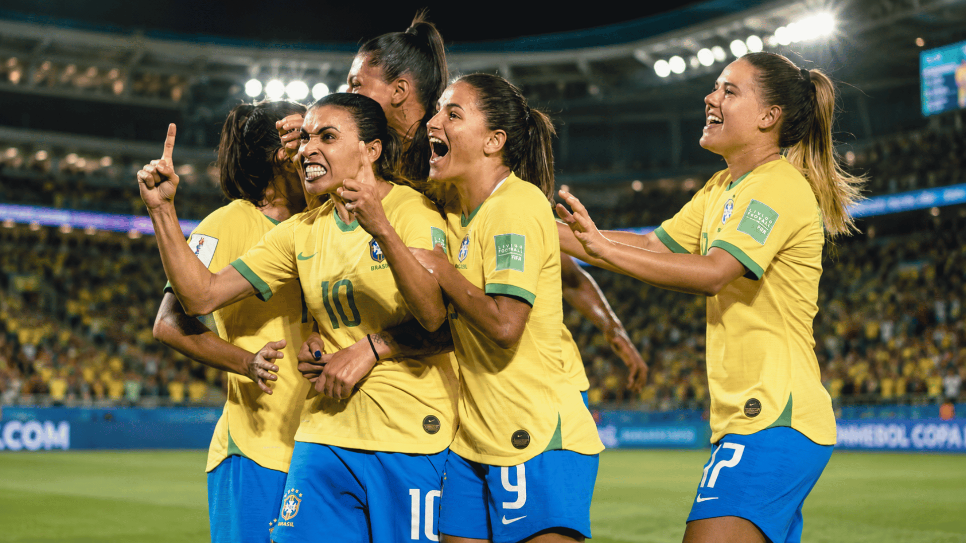 brazil womens football players celebrate a goal together during an international football match