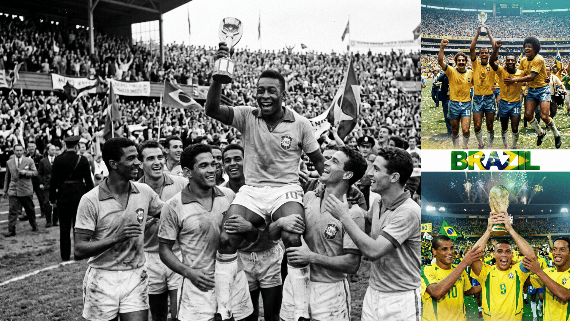 Brazil football team celebrating World Cup victories through history.