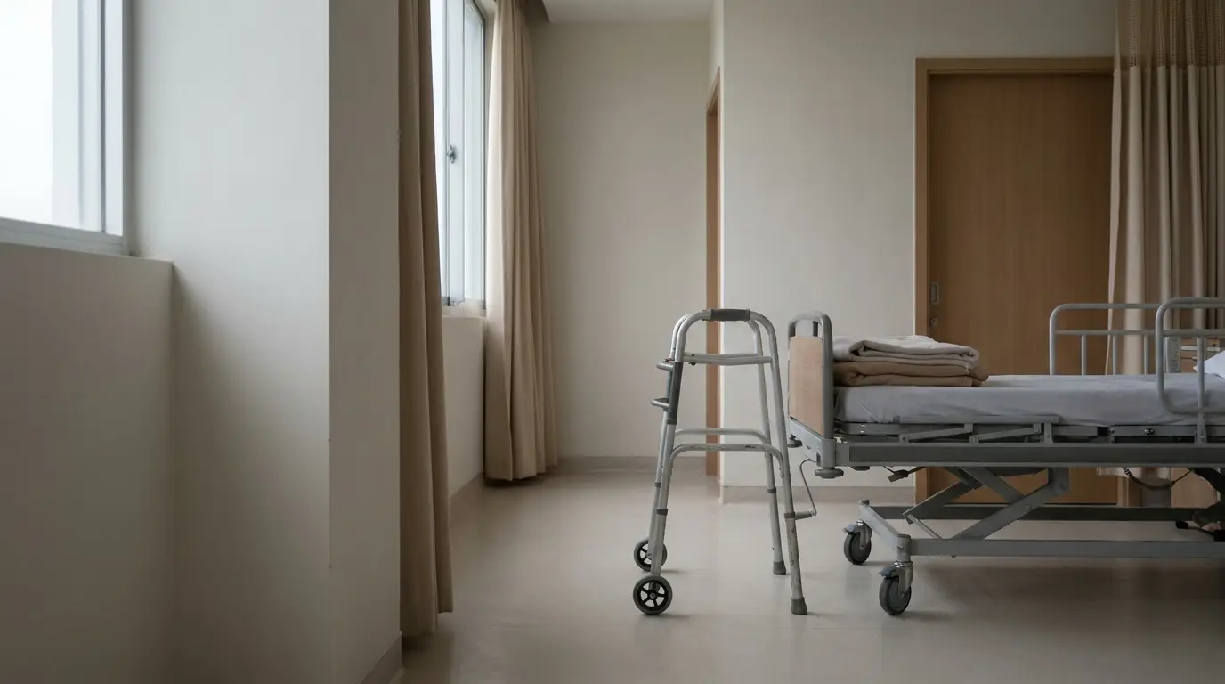 Hospital room with empty bed and walker near window with beige curtains