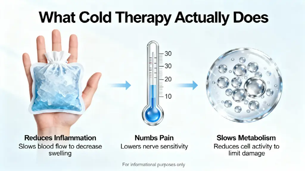 Hand holding ice pack next to a thermometer and a bubble diagram
