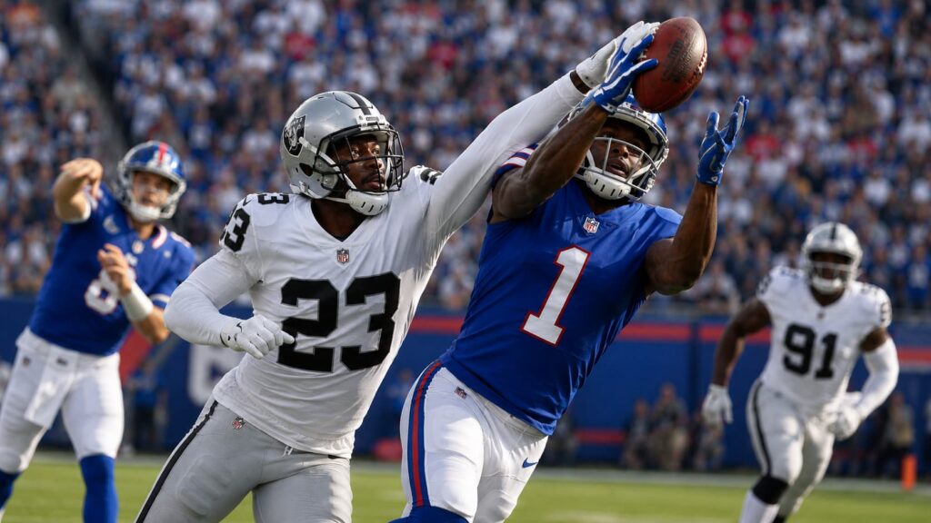 cornerback reaches across a receiver to break up a pass during an American football game while the quarterback watches from behind