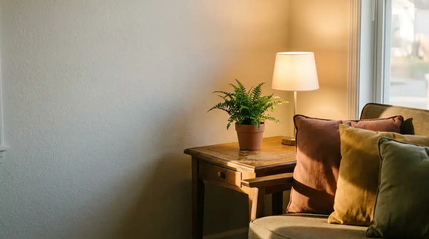 Potted fern and table lamp on wooden side table in cozy living room setting