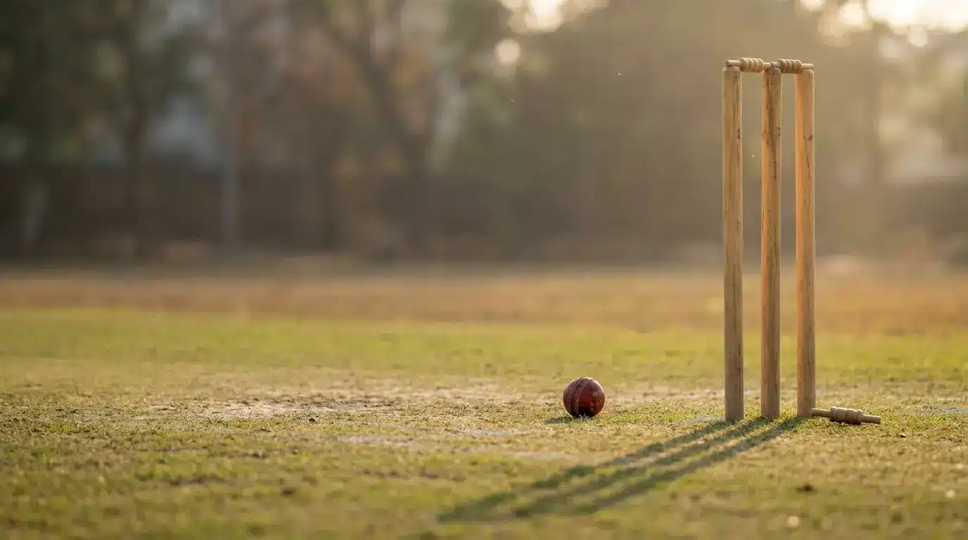 Cricket stumps and ball on grassy field under warm sunlight
