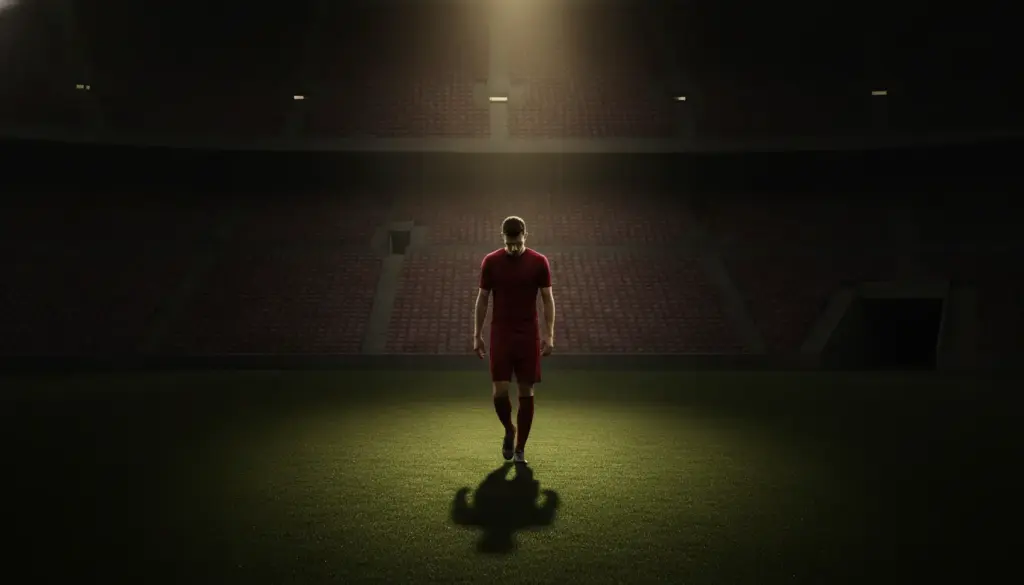 Soccer player in red kit walking on illuminated field in empty stadium