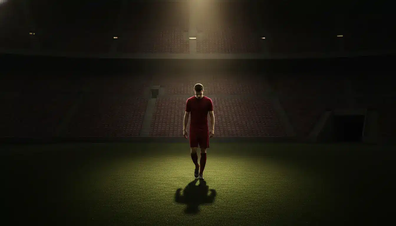 Soccer player in red kit walking on illuminated field in empty stadium