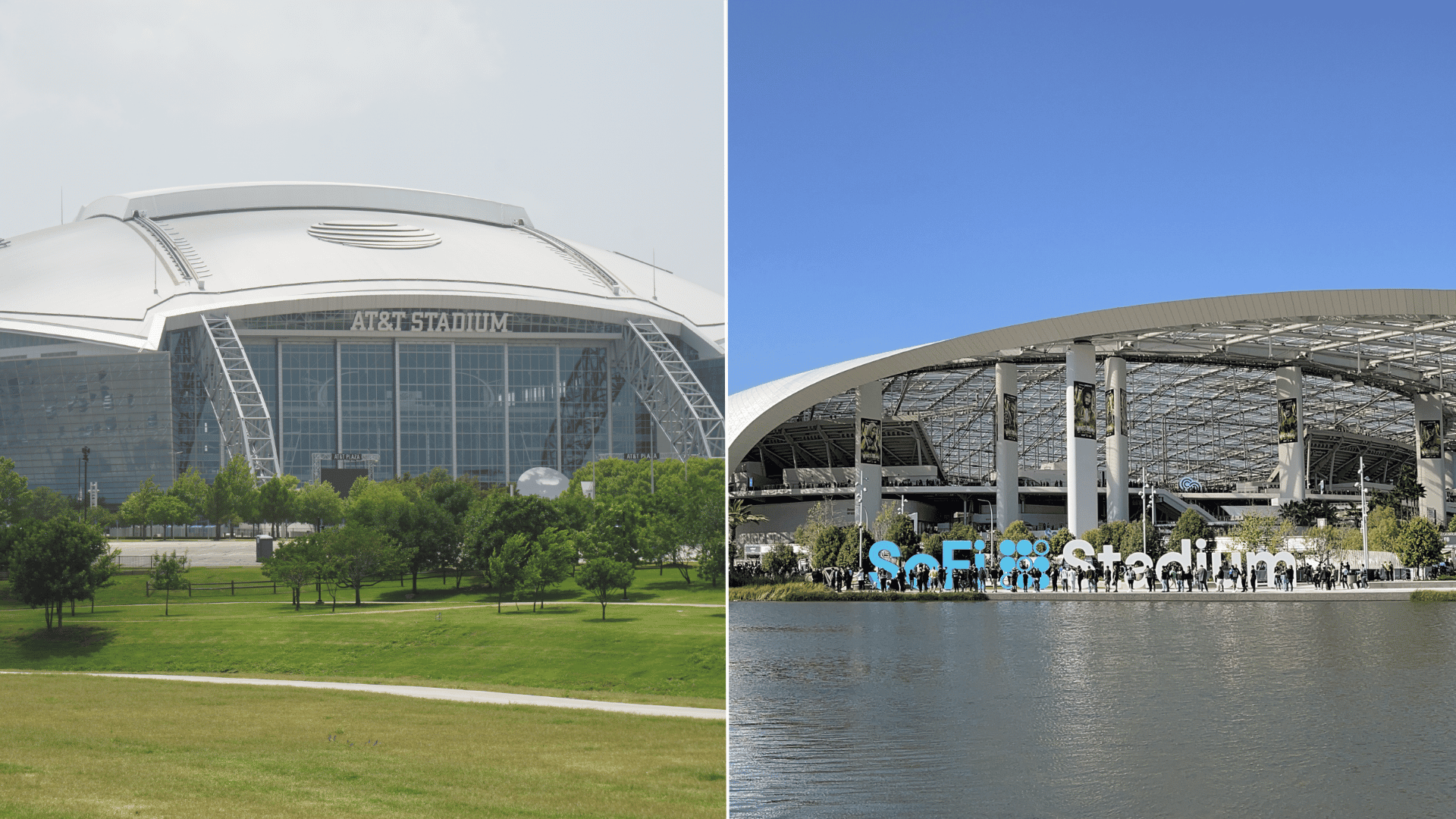 dallas and la stadiums in a split scene side by side in a bright sunny morning