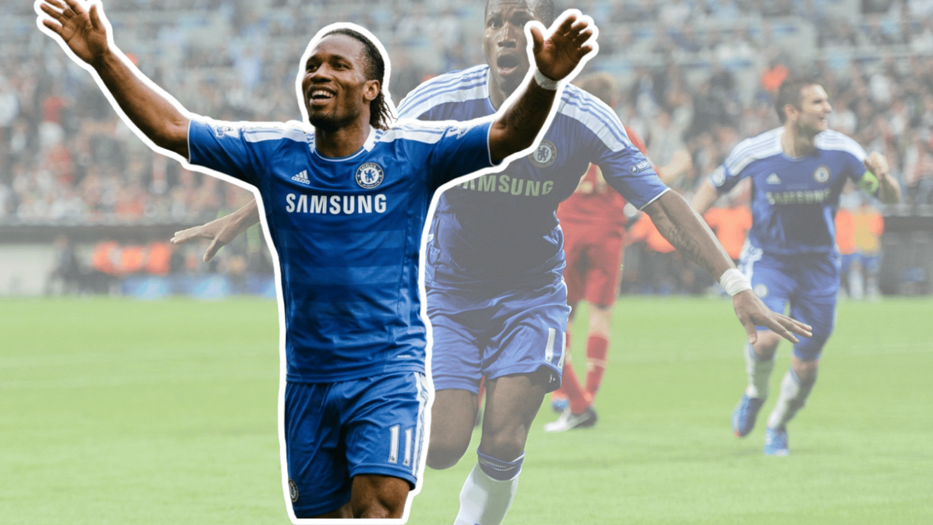 Didier Drogba celebrating in a Chelsea jersey on a soccer field.